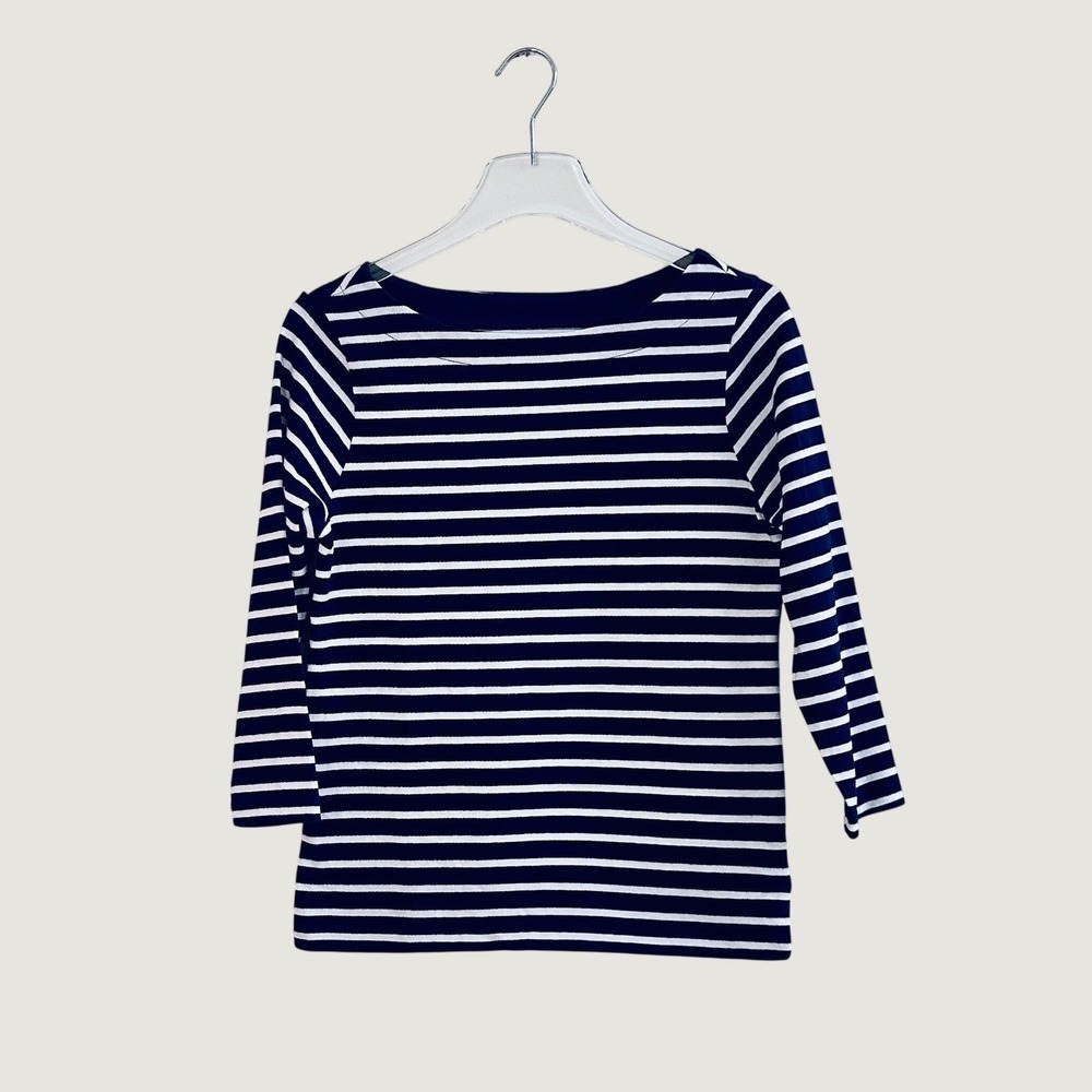 Lands End Womens Navy Blue White Striped Cotton Boat Neck 3/4 Sleeve Top S 6-8